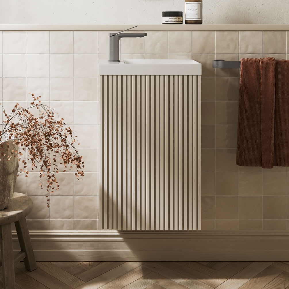 Crosswater Limit Warm Stone 400mm Wall Hung Vanity Unit & Basin - Lifestyle Image